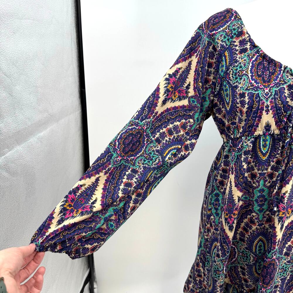 Earthbound Long Sleeve Midi Dress M Purple Paisley Y2K Tie Neck Babydoll Boho - Picture 4 of 9